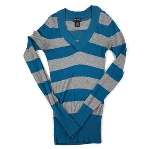 Wet Seal Womens Sweater Vneck Blue Gray Striped S